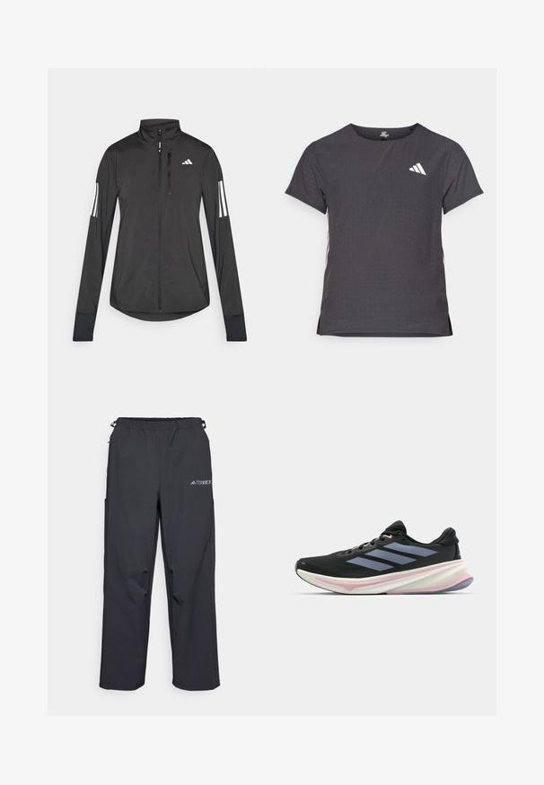 Musta urheilutakki, joka on valmistettu kevyestä materiaalista. Ominaisuuksiin kuuluu etuvetoketju, korkea kaulus ja kolme valkoista raitaa joka hihassa.; Lyhythihainen urheilupaita, tummanharmaa, jossa on reikäkudot. Ominaisuuksina valkoinen logo ja kontrastiväriset sivusuunnat. Pyöreä pääntie.; Mustat, kevyet ulkoiluhousut, joissa on joustava vyötärö, sivutaskut ja logo oikeassa yläreunassa. Sujuva, vettä hylkivä kangas.; Mustat urheilukengät, joissa on verkkopäällinen, harmaat raidat, valkoinen välipohja pinkeillä yksityiskohdilla ja kuvioitu ulkopohja.