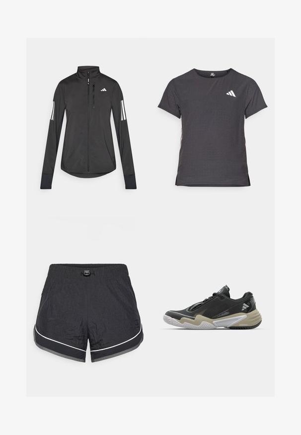 Must mustriga mustrin, millel on esiküljel lukuga, kõrge krae ja igal varrukal kolm valget triipu.; Lühikese varrukaga sportlik T-särk, tumehall, perforatsiooni tekstuuriga. Omab valget logo ja kontrastset külgtriipu. Ümar kaelus.; Mustad mustsikad lühikesed püksid kergest, tekstuuritud kangast; sisaldab valget aktsenttriipu, elastset vöökohta ja reguleeritavat paela.; Mustard ja beež spordijalats tekstuurse pealisega, silmapaistva tallakujundusega, peegeldava detailiga ja paeltesüsteemiga. Kerge konstruktsioon.