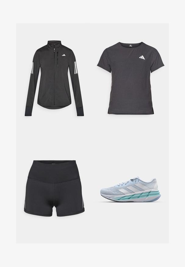 Černá atletická bunda vyrobená z lehkého materiálu. Má přední zip, vysoký límec a tři bílé pruhy na každém rukávu.; Kraťasový sportovní tričko, tmavě šedé barvy s perforovanou texturou. Obsahuje bílé logo a kontrastní boční pruhy. Kulatý výstřih.; Černé atletické šortky s vysokým pasem, vyrobené z pružné tkaniny. Mají bílé boční pruhy a ploché švy pro pohodlí.; Světlomodré sportovní boty s texturovaným pleteným svrškem, bílými akcenty a průhledným zeleným mezipodešví. Oválná špička a polstrovaný límec.