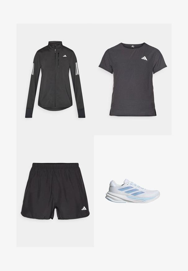 Chaqueta deportiva negra hecha de material ligero. Cuenta con una cremallera frontal, un cuello alto y tres franjas blancas en cada manga.; Camiseta atlética de manga corta, gris oscuro con textura perforada. Presenta un logo blanco y rayas laterales en contraste. Escote redondeado.; Pantalones cortos deportivos negros hechos de un tejido ligero. Cuenta con una cinturilla elástica y un logo blanco en la esquina inferior izquierda. Textura suave.; Zapatillas de running blancas con acentos en azul claro, parte superior de malla transpirable, diseño de tres rayas, suela acolchada y suela exterior con tracción texturizada.