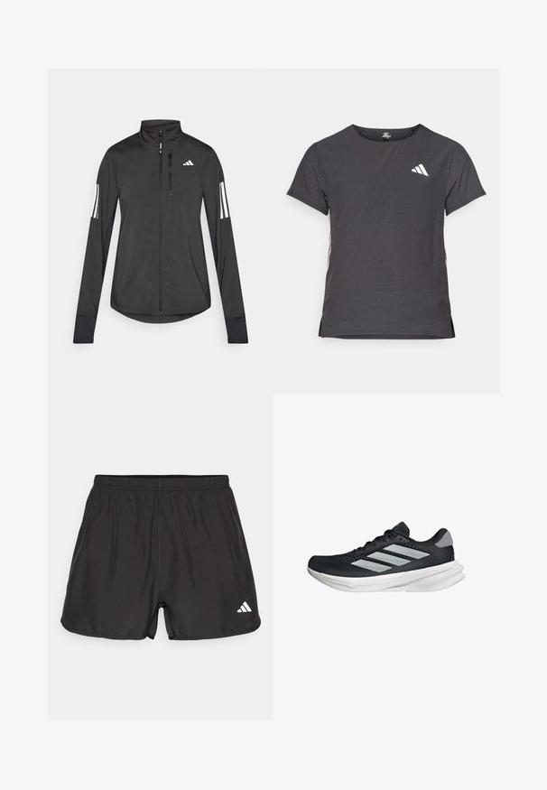 Čierna športová bunda vyrobená z ľahkého materiálu. Má zips vpredu, vysoký golier a tri biele pruhy na každom rukáve.; Tričko s krátkym rukávom pre šport, tmavosivé s perforovanou textúrou. Obsahuje biele logo a kontrastné bočné pruhy. Okrúhly výstrih.; Čierne športové šortky vyrobené z ľahkej tkaniny. Majú elastický pás a biele logo v dolnom ľavom rohu. Hladká textúra.; Čierna behacia obuv s vrchnou časťou z priedušného materiálu, tromi striebornými pruhmi, bielou medzipodrážkou a textúrovanou podrážkou. Obsahuje polstrovaný golier a uzatváranie na šnúrky.