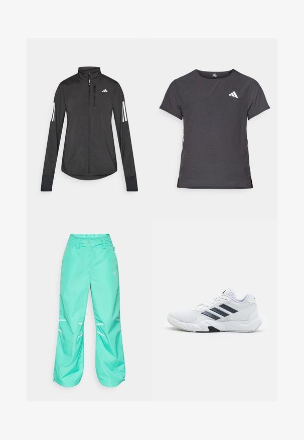 Melnā sporta jaka, izgatavota no viegla materiāla. Tajā ir priekšējais rāvējslēdzis, augsta apkakle un trīs baltas svītras katrā piedurknē.; Īsām piedurkņu sporta T-krekls, tumši pelēks ar perforētu tekstūru. Iespējots ar baltu logotipu un kontrastējošām sānu svītrām. Apaļa kakla izgriezums.; Tirkīza ūdensizturīgas bikses ar brīvu piegriezumu, regulējamu jostu, atstarojošām svītrām un rāvējslēdzēja apkaklēm papildu funkcionalitātei.; Baltā sporta apavi ar sietu augšdaļu, trīs melnām svītrām sānos, teksturētām akcentiem un izturīgu gumijas zoli ar kontrastējošu melnu daļu.