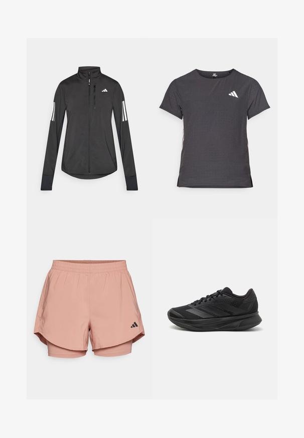Black athletic jacket made of lightweight material. Features a front zipper, high collar, and three white stripes on each sleeve.; Short-sleeve athletic t-shirt, dark gray with perforated texture. Features a white logo and contrasting side stripes. Rounded neckline.; Pink athletic shorts with an elastic waistband, layered design, side pockets, and black Adidas logo on the lower right side.; Black running shoe with a breathable mesh upper, rounded toe, sleek design, textured accents, and a cushioned sole for comfort.