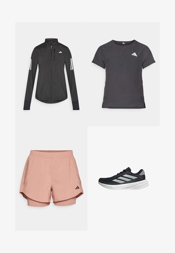 Černá atletická bunda vyrobená z lehkého materiálu. Má přední zip, vysoký límec a tři bílé pruhy na každém rukávu.; Kraťasový sportovní tričko, tmavě šedé barvy s perforovanou texturou. Obsahuje bílé logo a kontrastní boční pruhy. Kulatý výstřih.; Růžové sportovní šortky s elastickým pasem, vrstveným designem, bočními kapsami a černým logem Adidas na dolní pravé straně.; Černé běžecké boty s vrchní částí z prodyšné síťoviny, třemi stříbrnými pruhy, bílou mezipodešví a texturovanou podešví. Obsahují polstrovaný límec a šněrování.