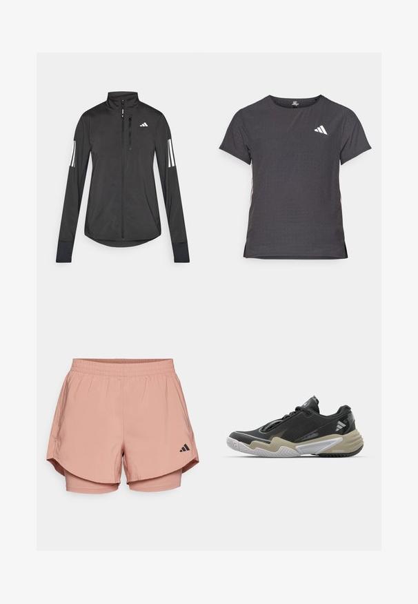 Črna športna jakna iz lahkega materiala. Ima sprednji zadrgo, visok ovratnik in tri bele črte na vsaki rokavi.; Kratka športna majica s kratkimi rokavi, temno siva z perforirano teksturo. Ima bel logotip in kontrastne stranske črte. Okrogel ovratnik.; Roza športna kratka hlače z elastiko v pasu, plastična zasnova, stranske žepe in črni Adidasov logotip na spodnji desni strani.; Črne in bež športne čevlje z teksturirano zgornjico, izrazitim dizajnom podplata, odsevni detajli in sistem vezalke. Lahka konstrukcija.