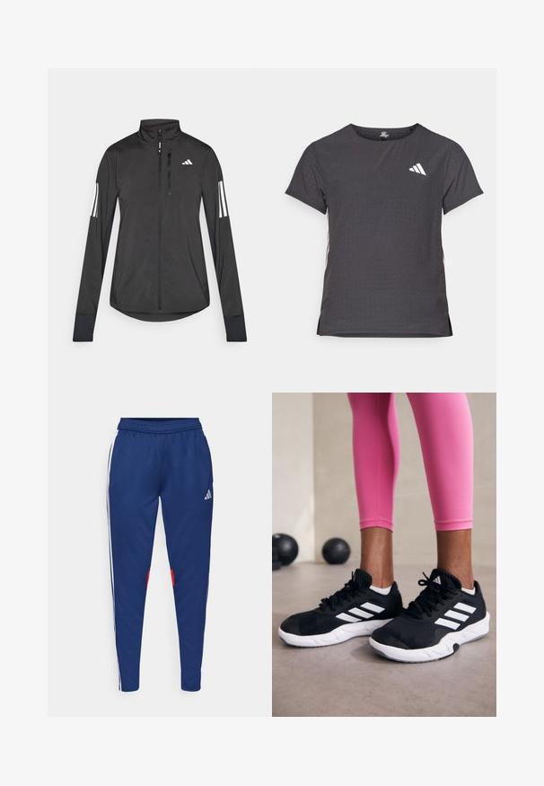 Black athletic jacket made of lightweight material. Features a front zipper, high collar, and three white stripes on each sleeve.; Short-sleeve athletic t-shirt, dark gray with perforated texture. Features a white logo and contrasting side stripes. Rounded neckline.; Navy track pants with white side stripes, elastic waistband, and red accents near the hem. Made of smooth, lightweight fabric.; Black athletic shoes with white stripes, textured mesh upper, and a white sole. Worn with pink leggings, showcasing training apparel.