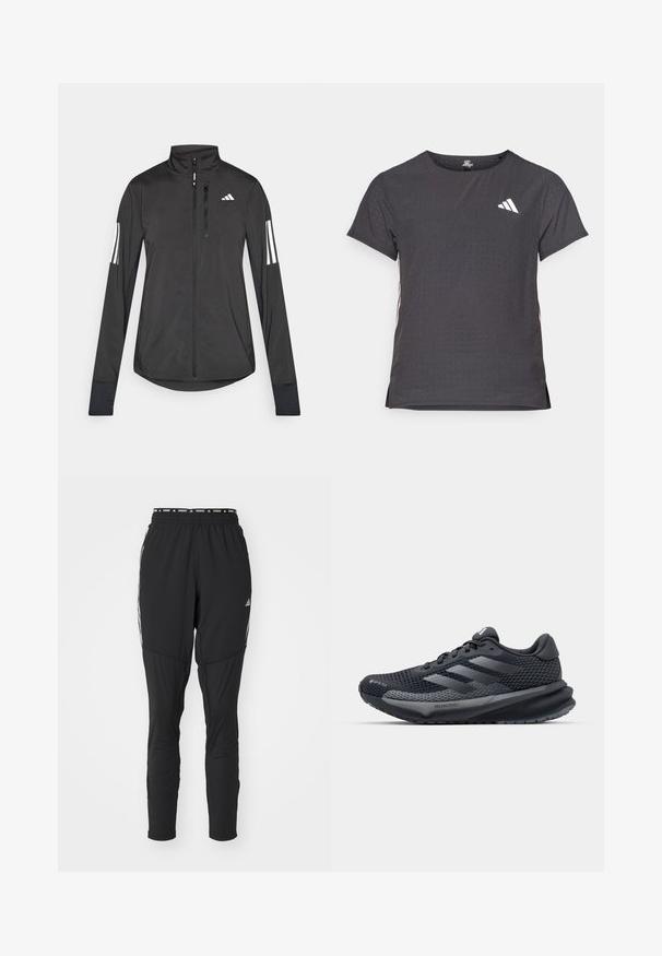 Black athletic jacket made of lightweight material. Features a front zipper, high collar, and three white stripes on each sleeve.; Short-sleeve athletic t-shirt, dark gray with perforated texture. Features a white logo and contrasting side stripes. Rounded neckline.; Black running pants featuring a tapered design, elastic waistband with logo, and white side accents for visibility. Made from moisture-wicking material.; Black athletic shoe with a textured mesh upper, reflective accents, cushioned sole, and a streamlined design. Features three stripe logo.