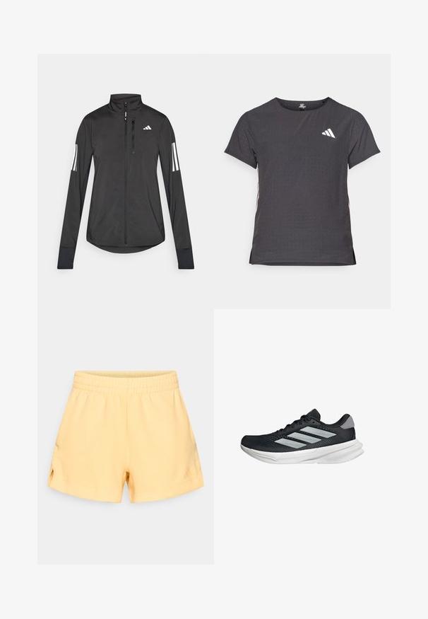 Crni sportski jakna napravljena od laganog materijala. Ima prednji zatvarač, visoki ovratnik i tri bijele pruge na svakoj rukavu.; Majica kratkih rukava za sport, tamno siva s perforiranim uzorkom. Ima bijeli logo i kontrastne bočne pruge. Zaobljeni izrez.; Žute sportske hlačice od mekog tkanja s elastičnim pojasom, s bočnim prorezima i malim logom na donjem rubu.; Crne trkačke tenisice s mrežastim gornjim dijelom, tri srebrne pruge, bijeli srednji sloj i teksturirani potplat. Sadrži podstavljeni ovratnik i zatvaranje s vezicama.