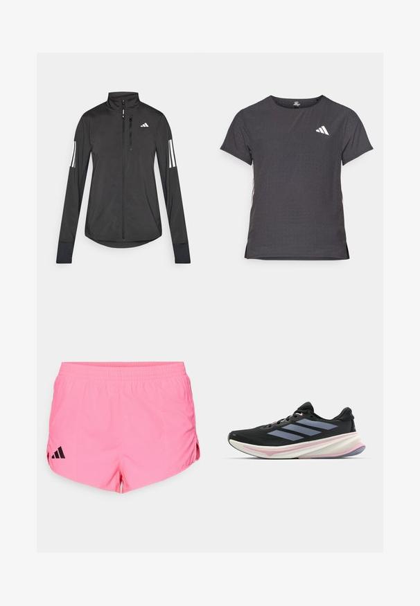 Črna športna jakna iz lahkega materiala. Ima sprednji zadrgo, visok ovratnik in tri bele črte na vsaki rokavi.; Kratka športna majica s kratkimi rokavi, temno siva z perforirano teksturo. Ima bel logotip in kontrastne stranske črte. Okrogel ovratnik.; Svetlo roza atletske kratke hlače z črnim logotipom Adidas na levi strani, z elastičnim pasom in stranskimi razporki za prilagodljivost.; Črne tekaške čevlje z mrežastim zgornjim delom, svetlo vijoličnimi poudarki in tremi vodoravnimi sivo-črnimi črtami. Imajo oblazinjen podplat za udobje.