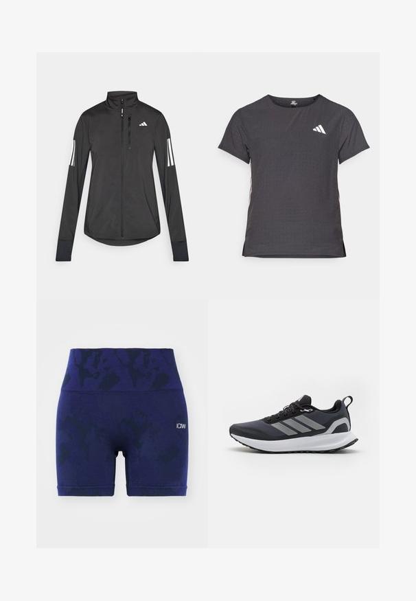 Svart treningsjakke laget av lett materiale. Har glidelås foran, høy krage og tre hvite striper på hver erme.; Kortermet treningstrøye, mørkegrå med perforert tekstur. Har en hvit logo og kontrasterende side-striper. Rund halslinje.; Høyt livdekket marineblå treningsshorts med et subtilt mønster, laget av elastisk materiale, med en logo på venstre side.; Svart atletisk sko med nettingoverdel, hvit mellomsåle, strukturert gummisåle og tre grå striper på siden. Har lisser og en hempe.