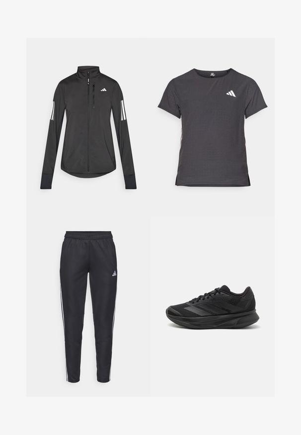 Svart treningsjakke laget av lett materiale. Har glidelås foran, høy krage og tre hvite striper på hver erme.; Kortermet treningstrøye, mørkegrå med perforert tekstur. Har en hvit logo og kontrasterende side-striper. Rund halslinje.; Svart treningbukse med elastisk midje, med hvite sidestreker og en liten logo på venstre lår. Glatt, stretchy materiale.; Svarte joggesko med pustende mesh-overdel, avrundet tå, slankt design, teksturerte detaljer og en polstret såle for komfort.