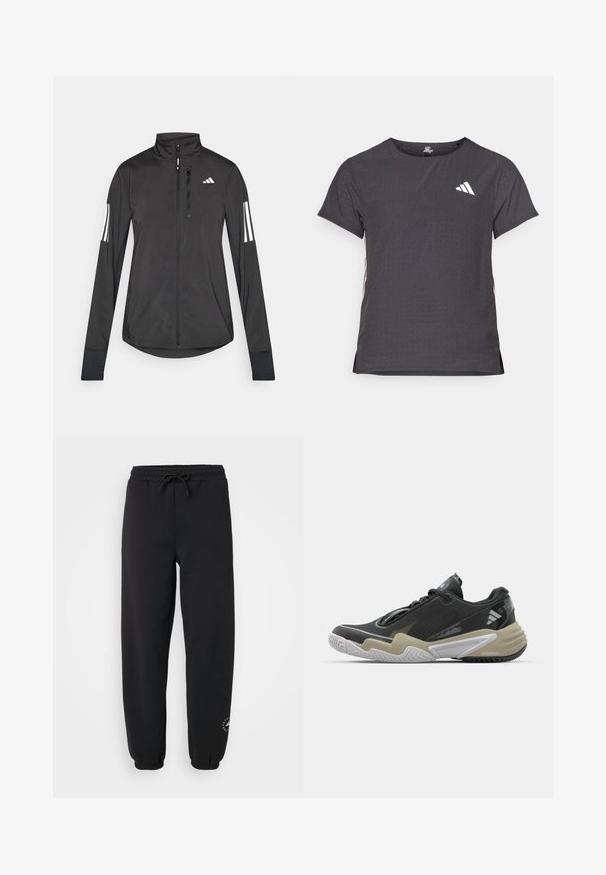 Čierna športová bunda vyrobená z ľahkého materiálu. Má zips vpredu, vysoký golier a tri biele pruhy na každom rukáve.; Tričko s krátkym rukávom pre šport, tmavosivé s perforovanou textúrou. Obsahuje biele logo a kontrastné bočné pruhy. Okrúhly výstrih.; Čierne tepláky vyrobené z mäkkej tkaniny, s elastickým pásom so šnúrkou, s manžetami na členkoch a malým logom na dolnej časti nohy.; Čierna a béžová športová obuv s textúrovaným vrchom, výrazným dizajnom podrážky, reflexnými akcentmi a systémom šnurovania. Ľahká konštrukcia.