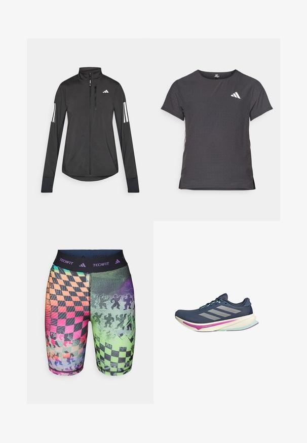 Černá atletická bunda vyrobená z lehkého materiálu. Má přední zip, vysoký límec a tři bílé pruhy na každém rukávu.; Kraťasový sportovní tričko, tmavě šedé barvy s perforovanou texturou. Obsahuje bílé logo a kontrastní boční pruhy. Kulatý výstřih.; Šortky Adidas Techfit s barevným šachovnicovým vzorem a geometrickými motivy, vyrobené z pružné tkaniny s pohodlným pasem.; Námořnické běžecké boty s síťovaným svrškem, stříbrnými pruhy, mátovými akcenty a odpruženou podrážkou s růžovými a tyrkysovými detaily pro pohodlí.