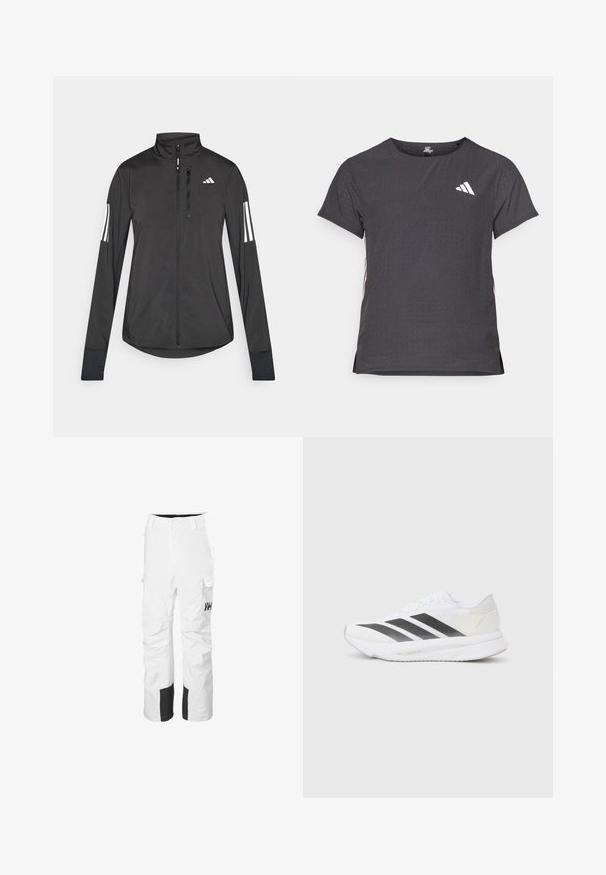 Czarna sportowa kurtka wykonana z lekkiego materiału. Posiada zamek błyskawiczny z przodu, wysoki kołnierz oraz trzy białe paski na każdym rękawie.; Koszulka sportowa z krótkim rękawem, ciemnoszara z perforowaną teksturą. Posiada białe logo oraz kontrastowe paski po bokach. Okrągły dekolt.; Białe spodnie narciarskie z czarnymi akcentami, wykonane z wodoodpornego materiału. Posiadają kieszenie cargo i prosty krój nogawek. Logo na lewym udzie.; Białe buty sportowe z czarnymi przekątnymi paskami, siateczkowa cholewka, zaokrąglony nos oraz teksturowana podeszwa. Akcenty obejmują srebrny obcas i minimalistyczny design.