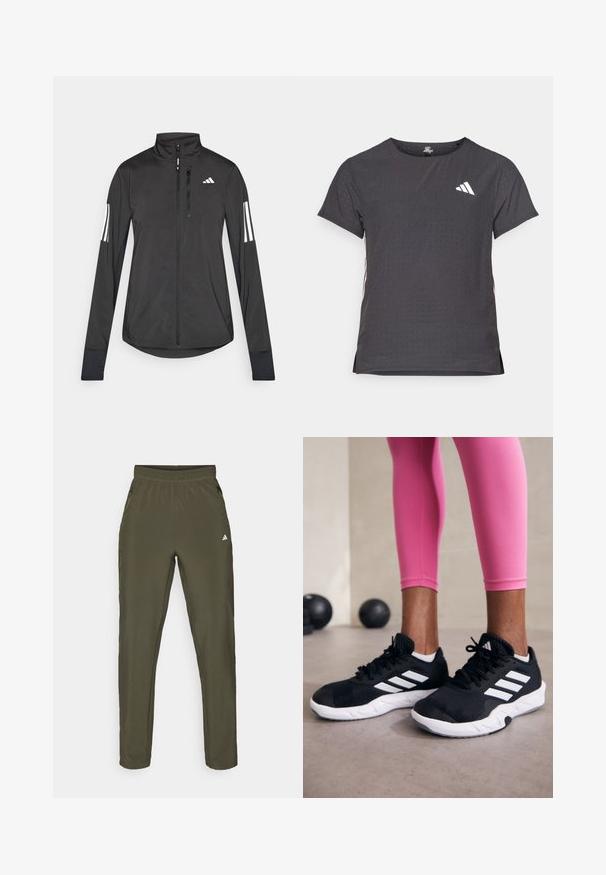 Čierna športová bunda vyrobená z ľahkého materiálu. Má zips vpredu, vysoký golier a tri biele pruhy na každom rukáve.; Tričko s krátkym rukávom pre šport, tmavosivé s perforovanou textúrou. Obsahuje biele logo a kontrastné bočné pruhy. Okrúhly výstrih.; Olivovozelené športové nohavice s elastickým pásom, bočnými vreckami a malým bielym logom na ľavom stehne; hladká štruktúra.; Čierne atletické topánky s bielymi pruhmi, textúrovaný sieťovaný zvršok a biela podrážka. Nosené s ružovými legínami, ukazujúce tréningové oblečenie.
