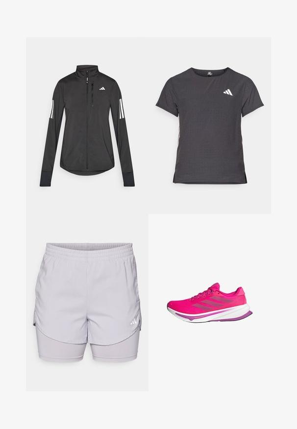 Must mustriga mustrin, millel on esiküljel lukuga, kõrge krae ja igal varrukal kolm valget triipu.; Lühikese varrukaga sportlik T-särk, tumehall, perforatsiooni tekstuuriga. Omab valget logo ja kontrastset külgtriipu. Ümar kaelus.; adidas Performance W MIN 2IN1 SHO - Spordišortsid - glory grey; Roosa jooksujalatsid, millel on võrkkangast ülemine osa, valge vaheosa ja lillad aktsendid. Küljel on kolm halli triipu ja kaardus tallakujundus.