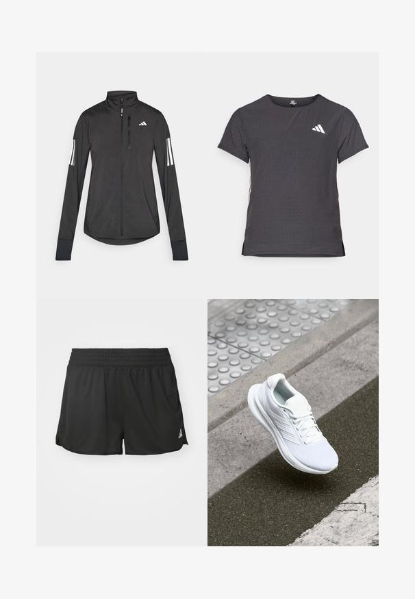 Fekete sportos dzseki könnyű anyagból. Elöl cipzárral, magas gallérral és minden ujjon három fehér csíkkal rendelkezik.; Rövid ujjú sport póló, sötétszürke perforált textúrával. Fehér logóval és kontrasztos oldalsávokkal rendelkezik. Kerek nyakkal.; Fekete sportnadrág, rugalmas derékpánttal, oldalsó hasítékokkal és egy kis fehér logóval az alsó jobb oldalon. Könnyű, sima anyagból készült.; Fehér sportcipő hálós felsőrésszel, fűzős kialakítással és texturált talppal. Diszkrét logózás és zökkenőmentes kivitelezési részletek láthatók.