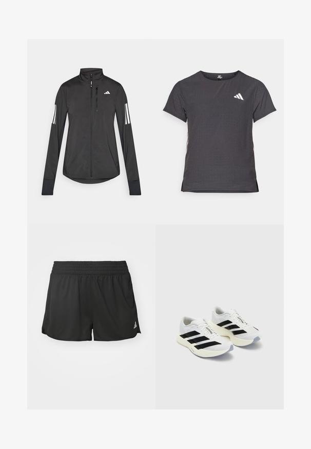 Musta urheilutakki, joka on valmistettu kevyestä materiaalista. Ominaisuuksiin kuuluu etuvetoketju, korkea kaulus ja kolme valkoista raitaa joka hihassa.; Lyhythihainen urheilupaita, tummanharmaa, jossa on reikäkudot. Ominaisuuksina valkoinen logo ja kontrastiväriset sivusuunnat. Pyöreä pääntie.; Mustat urheilushortsit, joissa on joustava vyötärö, sivuhalkiot ja pieni valkoinen logo oikeassa alareunassa. Valmistettu kevyestä ja sileästä kankaasta.; Valkoiset urheilukengät mustilla raidoilla ja brändäyksellä, joissa on verkkomateriaali, pyöreä kärki ja paksu kermanvärinen pohja pehmusteena.