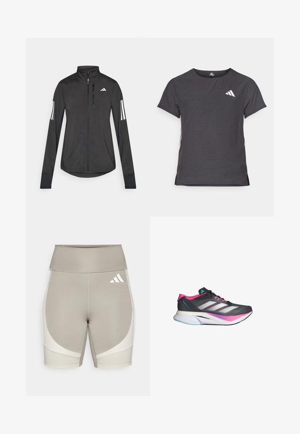 Crni sportski jakna napravljena od laganog materijala. Ima prednji zatvarač, visoki ovratnik i tri bijele pruge na svakoj rukavu.; Majica kratkih rukava za sport, tamno siva s perforiranim uzorkom. Ima bijeli logo i kontrastne bočne pruge. Zaobljeni izrez.; Bež sportske kratke hlače s visokim strukom, izrađene od rastezljivog materijala. Imaju bijele bočne panele i Adidas logo na gornjoj desnoj strani.; Trkaća obuća s gornjim dijelom od sive mrežice, ružičastim akcentima i bijelim prugama. Ima podstavljeni potplat i elegantan, aerodinamičan dizajn.