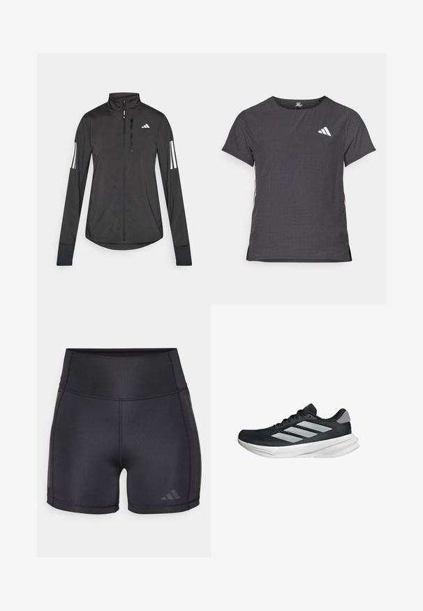Black athletic jacket made of lightweight material. Features a front zipper, high collar, and three white stripes on each sleeve.; Short-sleeve athletic t-shirt, dark gray with perforated texture. Features a white logo and contrasting side stripes. Rounded neckline.; Black athletic shorts with a high waistband, smooth texture, flat seams, and subtle logo detail on the lower side.; Black running shoe with mesh upper, three silver stripes, white midsole, and textured outsole. Features padded collar and lace closure.