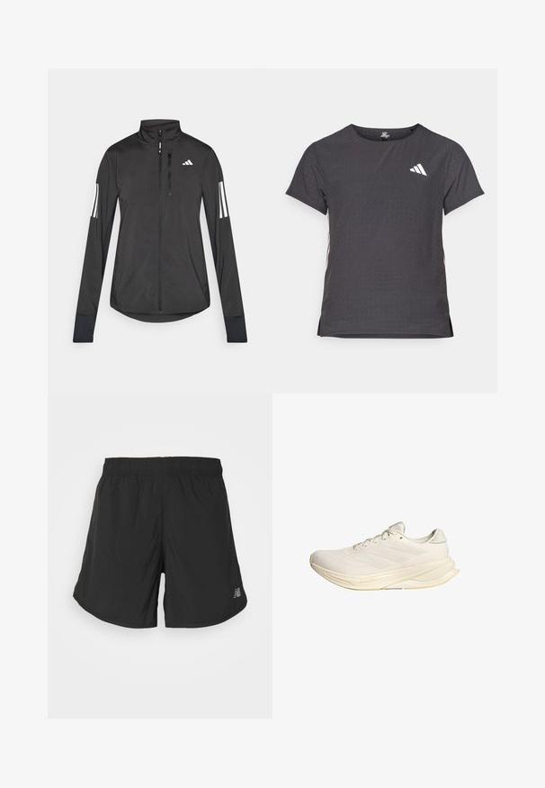 Must mustriga mustrin, millel on esiküljel lukuga, kõrge krae ja igal varrukal kolm valget triipu.; Lühikese varrukaga sportlik T-särk, tumehall, perforatsiooni tekstuuriga. Omab valget logo ja kontrastset külgtriipu. Ümar kaelus.; Mustad mustikad lühikesed püksid, mis on valmistatud kergest kangast, elastse vöökoha ja ühes jalas diskreetse logoga ning voolava disainiga.; Heledadbeige sportjalats, millel on tekitatud ülemine osa, tasased paelad ja pehmendusega talla. Sisaldab lateraalses küljel kolme triibu disaini.