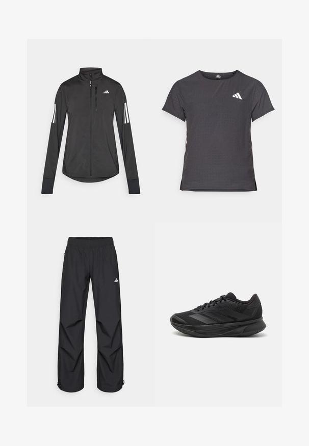 Schwarze Sportjacke aus leichtem Material. Mit einem Frontreißverschluss, hohem Kragen und drei weißen Streifen an jedem Ärmel.; Kurze Ärmel Sport-T-Shirt, dunkelgrau mit durchbrochener Textur. Enthält ein weißes Logo und kontrastierende Seitenstreifen. Runder Ausschnitt.; Schwarze, leichte, wasserdichte Hosen mit elastischem Bund, seitlichen Taschen und verstellbaren Bündchen. Mit einem weißen Logo am linken Oberschenkel.; Schwarzer Laufschuh mit einem atmungsaktiven Mesh-Obermaterial, runder Zehenpartie, schlankem Design, strukturierten Akzenten und einer gepolsterten Sohle für Komfort.