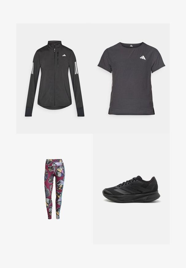 Chaqueta deportiva negra hecha de material ligero. Cuenta con una cremallera frontal, un cuello alto y tres franjas blancas en cada manga.; Camiseta atlética de manga corta, gris oscuro con textura perforada. Presenta un logo blanco y rayas laterales en contraste. Escote redondeado.; Leggings con estampado de mariposas en color burdeos, que cuentan con una tela elástica, cintura alta y franjas laterales en contraste para un detalle adicional.; Zapatilla de running negra con parte superior de malla transpirable, punta redondeada, diseño elegante, acentos texturizados y suela acolchada para mayor comodidad.