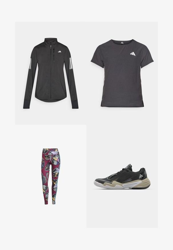 Chaqueta deportiva negra hecha de material ligero. Cuenta con una cremallera frontal, un cuello alto y tres franjas blancas en cada manga.; Camiseta atlética de manga corta, gris oscuro con textura perforada. Presenta un logo blanco y rayas laterales en contraste. Escote redondeado.; Leggings con estampado de mariposas en color burdeos, que cuentan con una tela elástica, cintura alta y franjas laterales en contraste para un detalle adicional.; Zapatilla deportiva negra y beige con parte superior texturizada, diseño de suela prominente, acentos reflectantes y sistema de cordones. Construcción ligera.