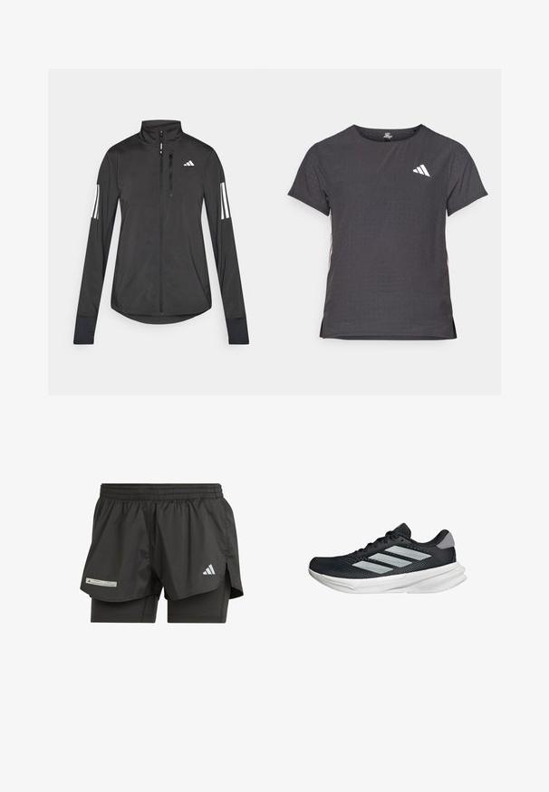 Black athletic jacket made of lightweight material. Features a front zipper, high collar, and three white stripes on each sleeve.; Short-sleeve athletic t-shirt, dark gray with perforated texture. Features a white logo and contrasting side stripes. Rounded neckline.; adidas Performance ULTI 2IN1 - Sports shorts - black; Black running shoe with mesh upper, three silver stripes, white midsole, and textured outsole. Features padded collar and lace closure.
