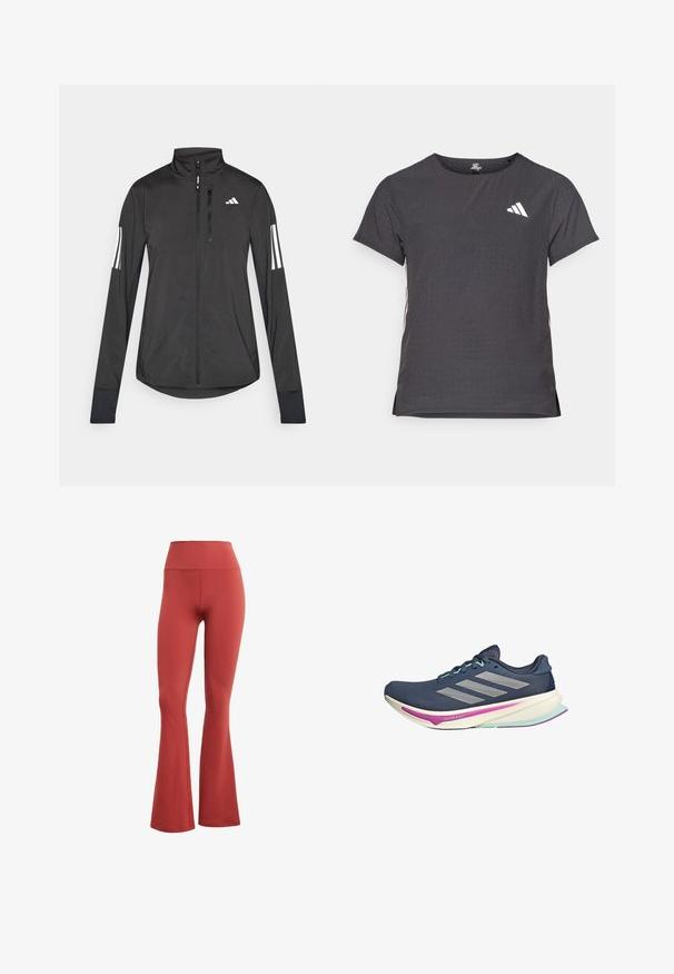 Veste de sport noire en matériau léger. Dotée d'une fermeture éclair sur le devant, d'un col haut et de trois rayures blanches sur chaque manche.; T-shirt de sport à manches courtes, gris foncé avec une texture perforée. Présente un logo blanc et des rayures latérales contrastantes. Encolure arrondie.; Leggings rouges évasés avec une taille haute, fabriqués en tissu extensible. Texture lisse sans motifs ni quincaillerie visibles.; Baskets de course navy avec tige en mesh, rayures argentées, accents menthe et semelle rembourrée avec des détails roses et teal pour le confort.