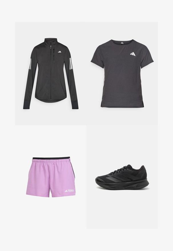 Čierna športová bunda vyrobená z ľahkého materiálu. Má zips vpredu, vysoký golier a tri biele pruhy na každom rukáve.; Tričko s krátkym rukávom pre šport, tmavosivé s perforovanou textúrou. Obsahuje biele logo a kontrastné bočné pruhy. Okrúhly výstrih.; Svetlofialové športové šortky s elastickým čiernym pásom, bočnými vreckami a bielym logom "TERREX" na dolnej prednej ľavej strane.; Čierna bežecká obuv s priedušným sieťovaným zvrškom, zaoblenou špičkou, štíhlym dizajnom, štruktúrovanými akcentmi a polstrovanou podrážkou pre pohodlie.