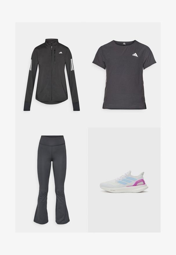 Veste de sport noire en matériau léger. Dotée d'une fermeture éclair sur le devant, d'un col haut et de trois rayures blanches sur chaque manche.; T-shirt de sport à manches courtes, gris foncé avec une texture perforée. Présente un logo blanc et des rayures latérales contrastantes. Encolure arrondie.; Leggings gris avec un design évasé en bas, fabriqués à partir d'un matériau lisse et extensible, présentant une taille haute et une construction sans coutures.; adidas Performance PUREBOOST 5 - Chaussures de running sur route - white/glow blue/purple burst
