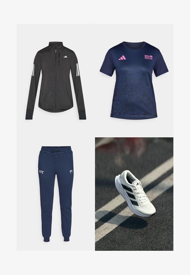 Černá atletická bunda vyrobená z lehkého materiálu. Má přední zip, vysoký límec a tři bílé pruhy na každém rukávu.; adidas Performance BER25 AOP TEE - Sportovní tričko - collegiate navy; Námořnické modré tepláky vyrobené z měkké tkaniny, s elastickým pasem na šňůrku, žebrovanými manžetami a potiskem UFC loga na levé straně.; Bílé běžecké boty s texturovaným svrškem, černý trojpáskový design, polstrovaný límec a lehká podrážka, umístěné ve vzduchu nad silnicí.