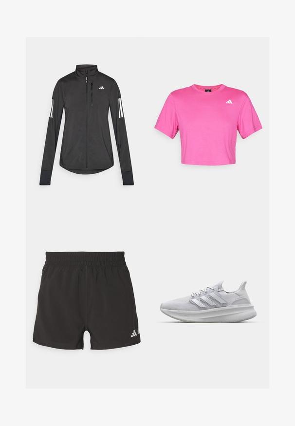 Černá atletická bunda vyrobená z lehkého materiálu. Má přední zip, vysoký límec a tři bílé pruhy na každém rukávu.; Růžové zkrácené tričko vyrobené z měkké bavlny. Má krátké rukávy a malé bílé logo na levé části hrudi. Hladká textura s klasickým střihem.; Černé sportovní šortky vyrobené z lehkého materiálu. Mají elastický pas, boční zipovou kapsu a reflexní logo na lemu.; Bílé sportovní boty s texturovaným síťovaným svrškem, trojrozměrnými postranními pruhy a silnou podrážkou s označením 'LIGHT BOOST'.