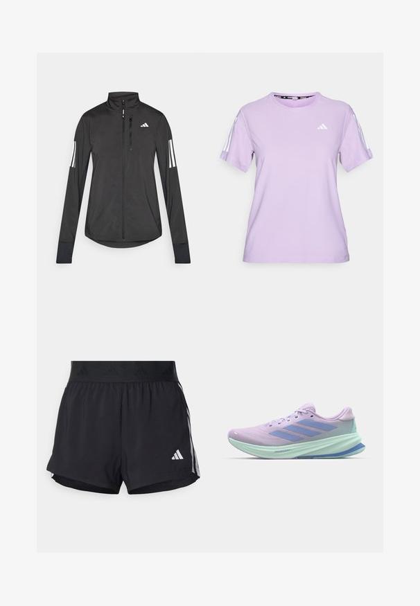 Zwarte sportjack gemaakt van lichtgewicht materiaal. Voorzien van een ritssluiting aan de voorkant, hoge kraag en drie witte strepen op elke mouw.; Lila sportshirt met korte mouwen, gemaakt van ademende stof, met een ronde halslijn, een gestructureerd oppervlak en drie witte strepen op de schouders.; Zwarte sportshorts met een elastische tailleband, voorzien van een gestructureerde band, zijstrepen en een wit Adidas-logo op de onderrand.; Paarse hardloopschoen met ademend mesh bovenwerk, voorzien van lichtblauwe accenten en een drie-stripes logo. Lichtgewicht, met een comfortabele zoolontwerp.