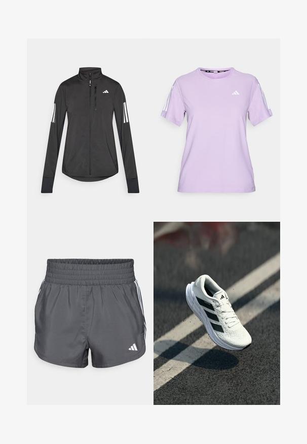Juodas sportinis švarkas, pagamintas iš lengvos medžiagos. Yra priekinis užtrauktukas, aukšta apykaklė ir trys baltos juostos kiekviename rankovėje.; Alyvinės spalvos trumpomis rankovėmis sportinė marškinėlis, pagamintas iš kvėpuojančios medžiagos, su apvaliu iškirpimu, tekstūruotu paviršiumi ir trimis baltomis juostelėmis ant pečių.; Pilkos sportinės šortai su elastinga juosme, puošti baltais akcento dryžiais ir logotipu apatiniame dešiniajame kampe. Lygi tekstūra.; Balta bėgimo bateliai su tekstūruotu paviršiumi, juoda trijų juostų dizainu, paminkštintu apykakle ir lengvu padu, laikomi ore virš kelio paviršiaus.