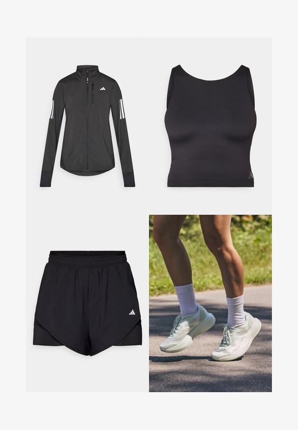 Čierna športová bunda vyrobená z ľahkého materiálu. Má zips vpredu, vysoký golier a tri biele pruhy na každom rukáve.; Čierny športový crop top vyrobený z hladkej, elastickej tkaniny s okrúhlym výstrihom a bezrukávovým dizajnom. Obsahuje jemný detail loga.; Čierne športové kraťasy s viacvrstvovým dizajnom, vyrobené z ľahkej tkaniny. Majú elastický pás a malé biele logo na boku.; Svetlo mentolové športové topánky s hladkým povrchom, zaoblenou špicou a tlustou podrážkou. Spárované s bielymi členkovými ponožkami, zobrazené v pohybe na ceste.