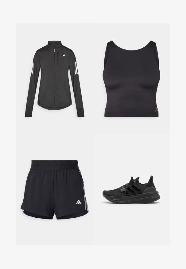 Fekete sportos dzseki könnyű anyagból. Elöl cipzárral, magas gallérral és minden ujjon három fehér csíkkal rendelkezik.; Fekete sportos crop top sima, rugalmas anyagból, kerek nyakkivágással és ujjatlan kialakítással. Finom logórészlet jellemzi.; Fekete sportnadrág rugalmas derékrésszel, texturált szalagon, oldalsó csíkokkal és fehér Adidas logóval az alsó szélén.; Fekete sportcipők lélegző kötött felsőrésszel, textúrált dizájnnal, a védjegyes három csíkkal és dús, párnázott talppal, amelyen a "LIGHT BOOST" felirat szerepel.