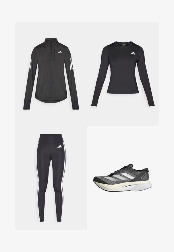 Chaqueta deportiva negra hecha de material ligero. Cuenta con una cremallera frontal, un cuello alto y tres franjas blancas en cada manga.; Camiseta atlética de manga larga negra, hecha de un material suave y elástico. Presenta un logo blanco en el pecho. Diseño ajustado con cuello redondo.; Leggings negros de cintura alta, con franjas laterales blancas y un pequeño logo blanco en el muslo superior izquierdo. Fabricados con material suave y elástico.; Zapatilla de running en blanco y negro con parte superior de tejido de punto, tres franjas laterales, suela ligera y detalles texturizados en la malla.