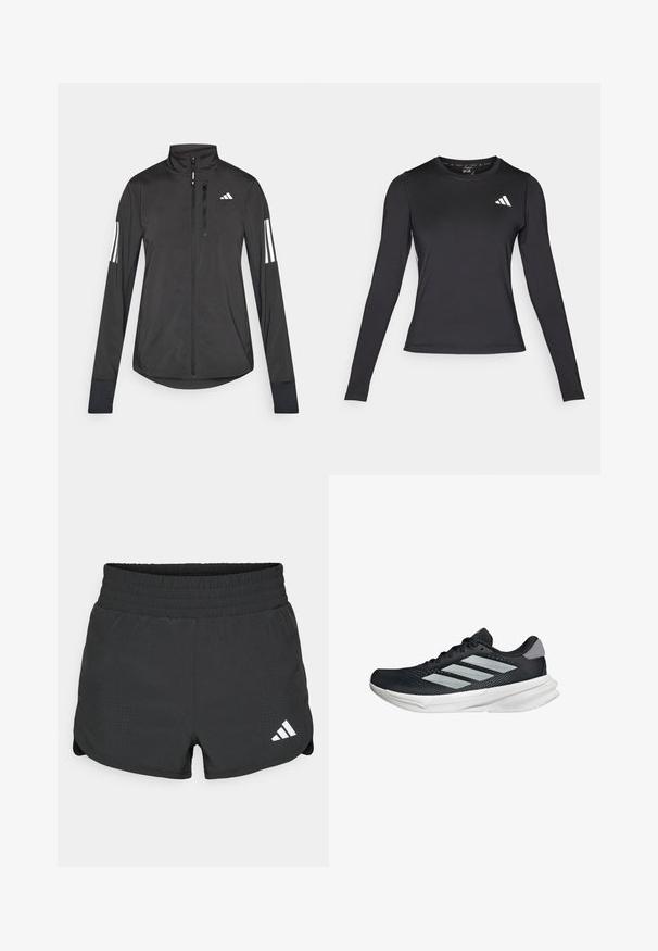Crni sportski jakna napravljena od laganog materijala. Ima prednji zatvarač, visoki ovratnik i tri bijele pruge na svakoj rukavu.; Crna dugačka sportska majica s dugim rukavima od glatkog, rastezljivog materijala. Ima bijeli logo na prsima. Prilagođenog kroja s okruglim izrezom.; Crne atletske kratke hlače s rastezljivim pojasom, koje imaju perforirane detalje i bijeli Adidas logo na donjem lijevom dijelu.; Crne trkačke tenisice s mrežastim gornjim dijelom, tri srebrne pruge, bijeli srednji sloj i teksturirani potplat. Sadrži podstavljeni ovratnik i zatvaranje s vezicama.