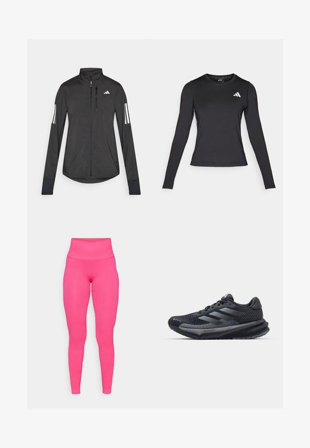 Černá atletická bunda vyrobená z lehkého materiálu. Má přední zip, vysoký límec a tři bílé pruhy na každém rukávu.; Černé atletické tričko s dlouhým rukávem vyrobené z hladkého, elastického materiálu. Obsahuje bílé logo na hrudi. Přiléhavý střih s kulatým výstřihem.; Růžové legíny s ribovaným vzorem a vysokým pasem, které se těsně přizpůsobují a mají hladkou texturu. Design zdůrazňuje elegantní siluetu.; Černá sportovní bota s texturovaným síťovaným svrškem, reflexními akcenty, polstrovanou podešví a aerodynamickým designem. Obsahuje logo se třemi pruhy.