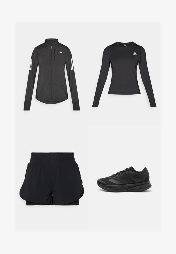 Must mustriga mustrin, millel on esiküljel lukuga, kõrge krae ja igal varrukal kolm valget triipu.; Mustad must sleeves sportlik särk, mis on valmistatud siledast ja venivast materjalist. Rinnal on valge logo. Sobiv disain ümmarguse kaelusega.; Mustad mustad sportpüksid, millel on kihiline disain, laia vöökoha ja sisemine vooder. Valmistatud siledast ja venivast materjalist.; Mustad mustas jooksujalats, millel on hingav võrgust ülemine osa, ümardatud varvas, sujuv disain, tekstuuriga aktsendid ja mugavust tagav pehmendatud tald.