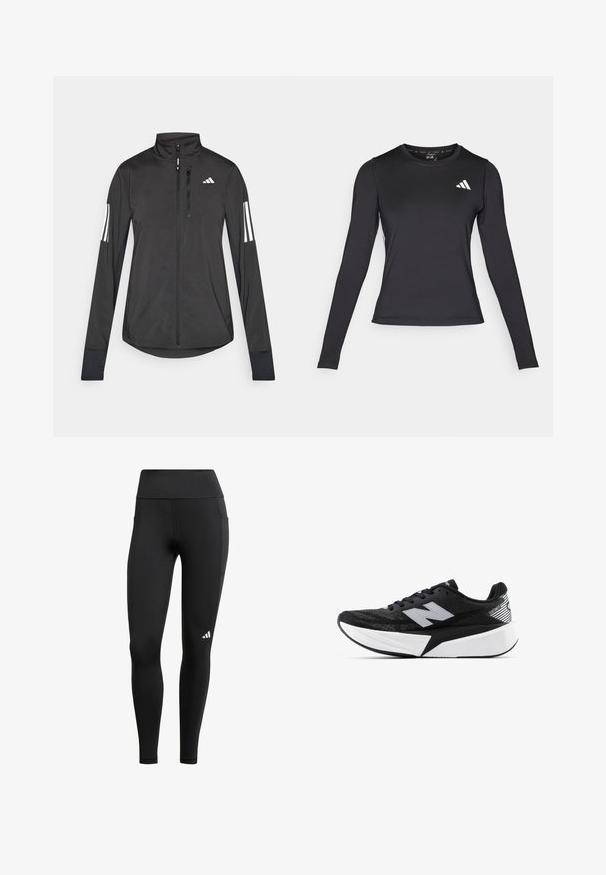 Fekete sportos dzseki könnyű anyagból. Elöl cipzárral, magas gallérral és minden ujjon három fehér csíkkal rendelkezik.; Fekete, hosszú ujjú sportpóló, sima, rugalmas anyagból készült. A mellkasán fehér logó található. Testhezálló kialakítás, kerek nyakkivágással.; Fekete sport leggings, magas derékkal, rugalmas anyagból készült; oldalzsebbe és egy kis fehér logóra van szüksége a szegély közelében.; Fekete-fehér New Balance futócipő vastag talppal, hálós felsőrésszel és "N" logóval az oldalon, külső nézetből.