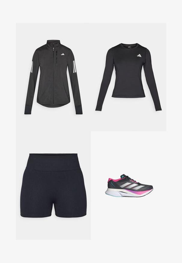 Black athletic jacket made of lightweight material. Features a front zipper, high collar, and three white stripes on each sleeve.; Black long-sleeve athletic shirt made of smooth, stretchy material. Features a white logo on the chest. Fitted design with round neckline.; Black high-waisted athletic shorts, made of stretchy fabric. Features a smooth texture and clean lines with a simple design.; Running shoe with a gray mesh upper, pink accents, and white stripes. Features a cushioned sole and a sleek, aerodynamic design.