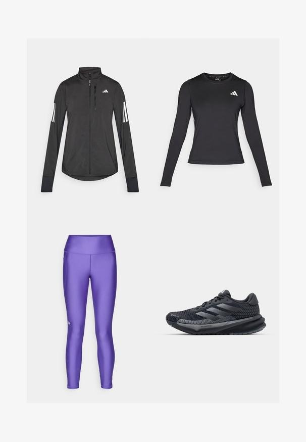 Black athletic jacket made of lightweight material. Features a front zipper, high collar, and three white stripes on each sleeve.; Black long-sleeve athletic shirt made of smooth, stretchy material. Features a white logo on the chest. Fitted design with round neckline.; Purple athletic leggings made of a smooth, stretchy material. Features a high waistband and a small logo on the lower right leg.; Black athletic shoe with a textured mesh upper, reflective accents, cushioned sole, and a streamlined design. Features three stripe logo.