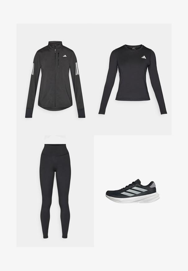 Chaqueta deportiva negra hecha de material ligero. Cuenta con una cremallera frontal, un cuello alto y tres franjas blancas en cada manga.; Camiseta atlética de manga larga negra, hecha de un material suave y elástico. Presenta un logo blanco en el pecho. Diseño ajustado con cuello redondo.; Leggings negros de talle alto, confeccionados en una tela elástica, con una textura suave y un diseño ajustado, sin logotipos ni patrones visibles.; Zapatilla de correr negra con parte superior de malla, tres franjas plateadas, media suela blanca y suela texturizada. Incluye un cuello acolchado y cierre de cordones.