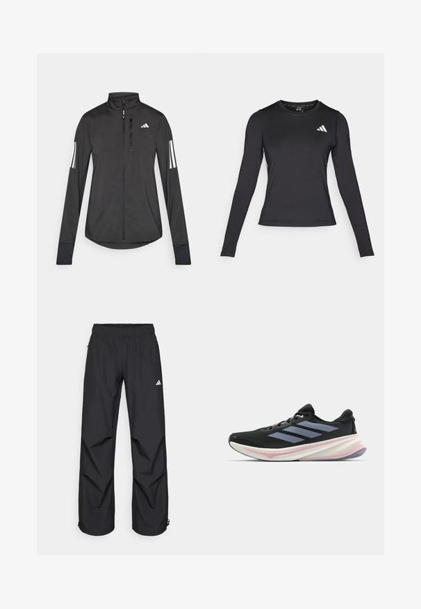 Jaqueta atlética preta feita de material leve. Apresenta um fecho frontal, colarinho alto e três riscas brancas em cada manga.; Camisa de atletismo preta de mangas longas feita de um material suave e elástico. Apresenta um logótipo branco no peito. Design ajustado com decote redondo.; Calças pretas, leves e à prova d'água, com cintura elástica, bolsos laterais e punhos ajustáveis. Apresenta um logótipo branco na coxa esquerda.; Ténis desportivos pretos com parte superior em malha, apresentando riscas cinzentas, uma entressola branca com detalhes cor-de-rosa e uma sola texturizada.