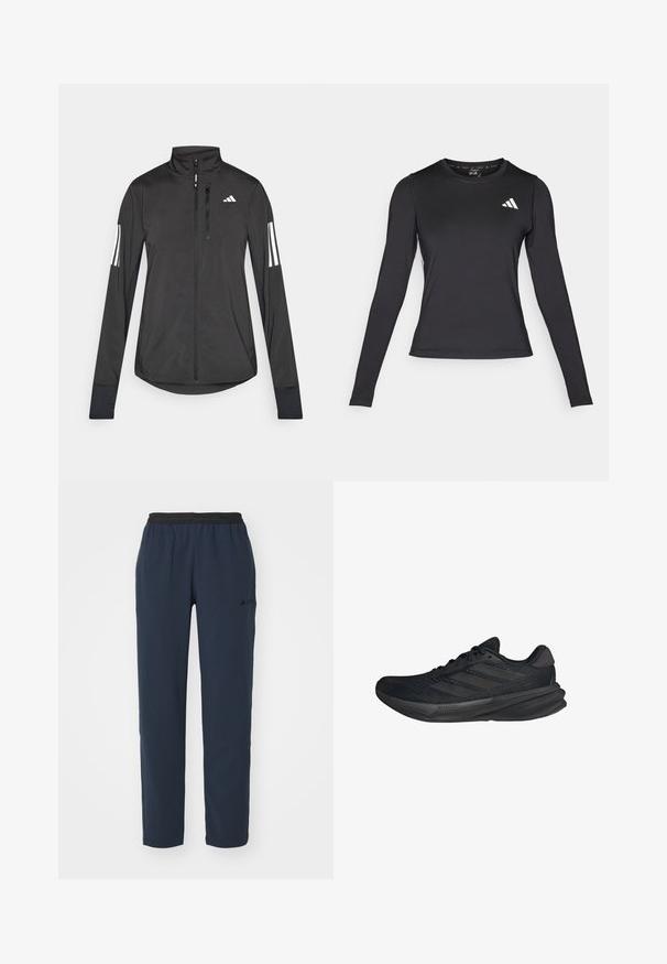 Musta urheilutakki, joka on valmistettu kevyestä materiaalista. Ominaisuuksiin kuuluu etuvetoketju, korkea kaulus ja kolme valkoista raitaa joka hihassa.; Musta pitkähihainen urheilupaita, joka on valmistettu sileästä ja joustavasta materiaalista. Paidassa on valkoinen logo rinnassa. Täydellinen istuvuus ja pyöreä kaula-aukko.; Urheiluhousut tummansinisestä joustavasta kankaasta, jossa on musta joustava vyötärö ja sivutaskut, yksinkertainen muotoilu ja minimaalinen brändäys.; Mustat urheilukengät, joissa on verkkopinta, virtaviivainen muoto, litteä pohja ja kolme vinoa raitaa sivussa. Kevyt muotoilu mukavuutta varten.