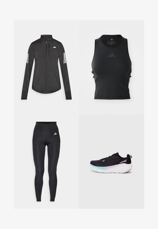 Juodas sportinis švarkas, pagamintas iš lengvos medžiagos. Yra priekinis užtrauktukas, aukšta apykaklė ir trys baltos juostos kiekviename rankovėje.; Juodas trumpas sportinis topas, pagamintas iš lygaus, elastingo audinio; turi apvalų iškirpimą ir mažą, atspindinčią logotipą priekyje.; Juodos aukšto liemens leggingai, pagaminti iš tamprios medžiagos. Ant klubų yra baltas logotipas, o šonuose - tekstūruoti akcentai. Slydimo tekstūra.; Juodas bėgimo batelis su lengvu tinkleliu, gradientiniu padu, pereinančiu nuo šviesiai mėlynos iki violetinės, ir atspindinčiais akcentais.