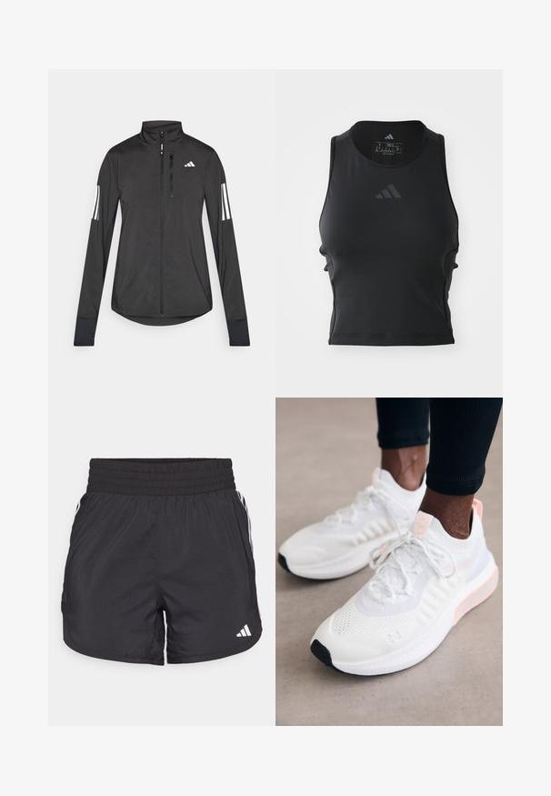 Jachetă sport neagră din material ușor. Are un fermoar frontal, guler înalt și trei dungi albe pe fiecare manșon.; Top sportiv croppat, negru, realizat dintr-un material neted și elastic; are un guler rotund și un mic logo reflexiv pe față.; Șorturi atletice negre, cu talie elastică, buzunare laterale și accente albe pe laterale. Fabricate dintr-un material ușor.; Under Armour PHANTOM 4 - Sneakers low - white